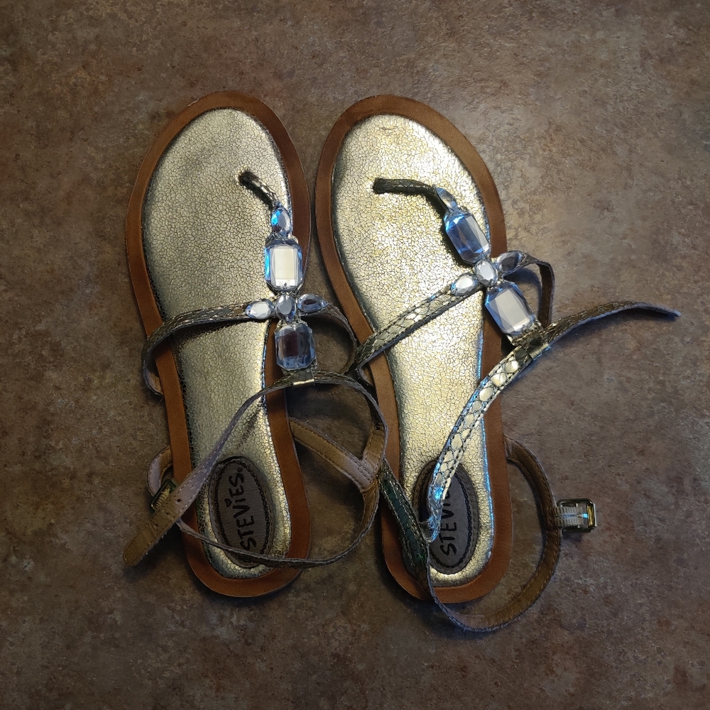 Stevie's Brand Metallic Gold Women's Sandals With Rhinestone Straps On Top